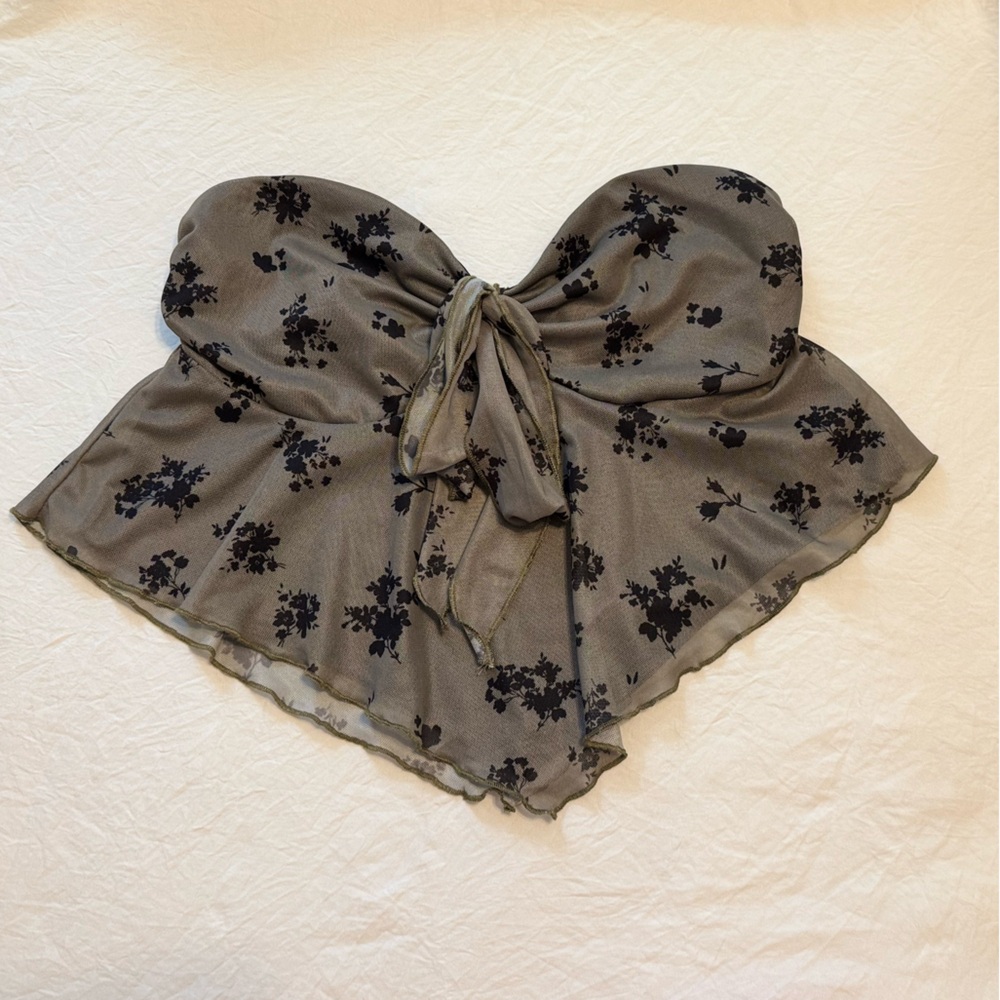 Floral Army Green Strapless Knotted Front Top - Picture 5 of 6